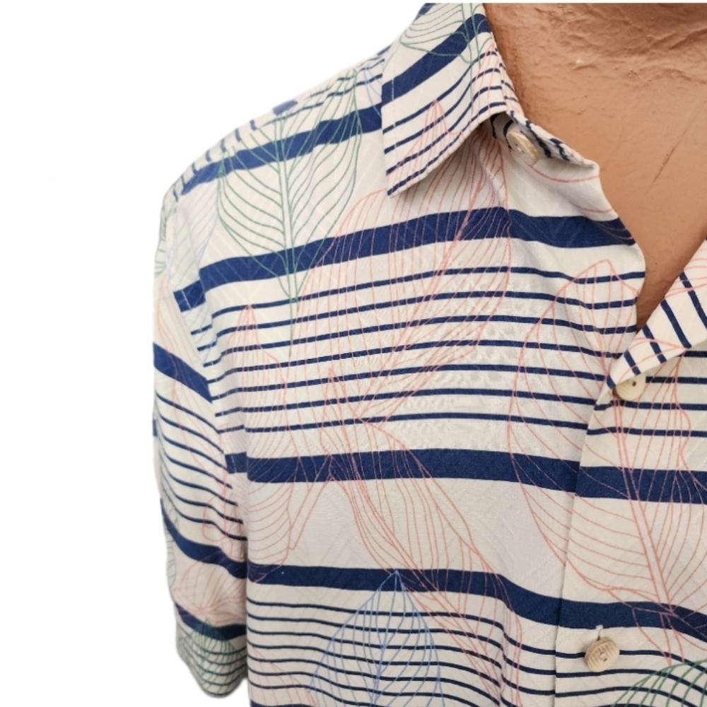 TOMMY BAHAMA 100% Silk Striped Leaf Print Button Up Shirt Cream Multi  S… - Picture 3 of 15